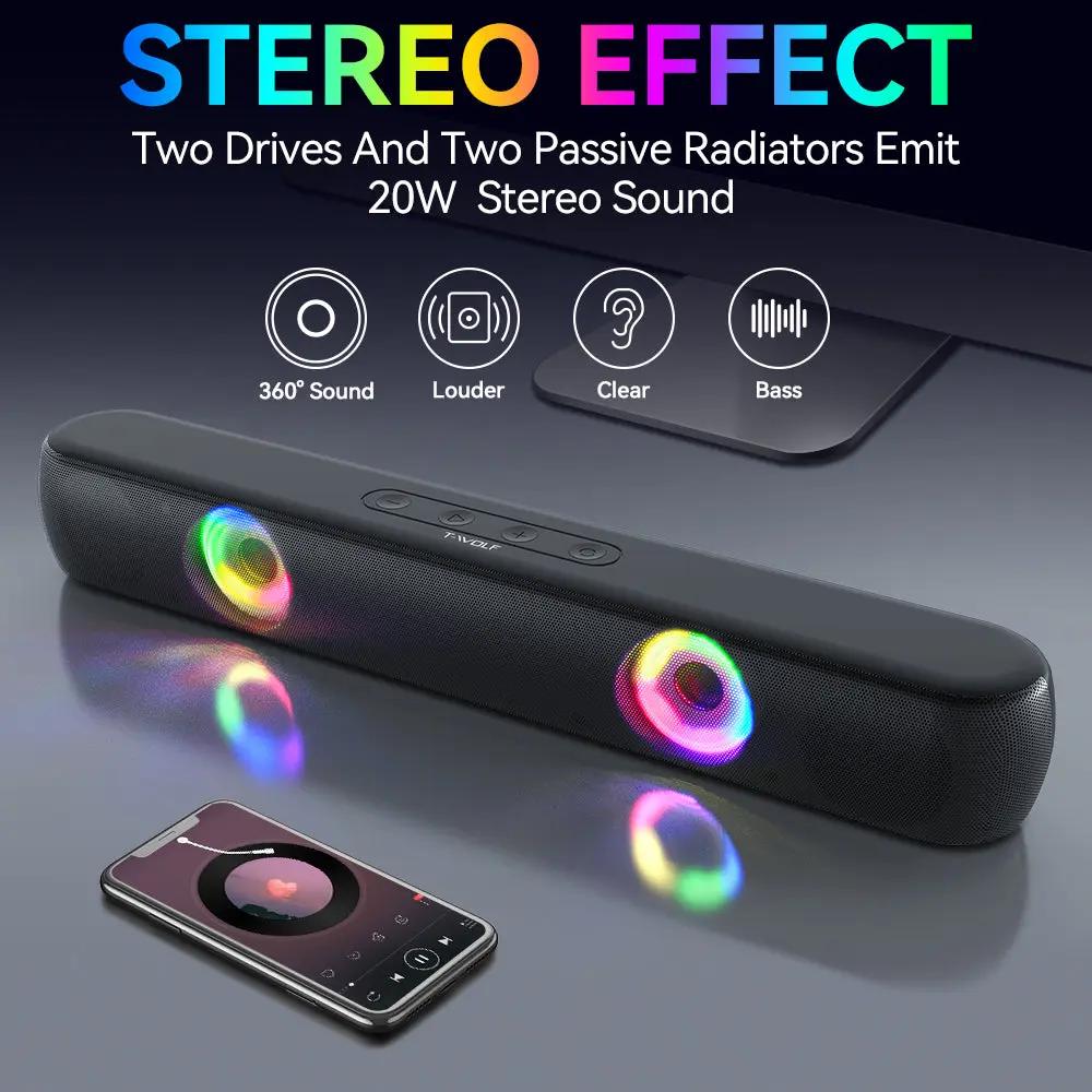 BT320 RGB Bluetooth Speaker – Dual 5W Stereo, TWS, Wireless Soundbar with Colorful Lights - FORGEMYPC