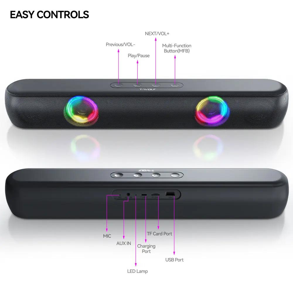 BT320 RGB Bluetooth Speaker – Dual 5W Stereo, TWS, Wireless Soundbar with Colorful Lights - FORGEMYPC