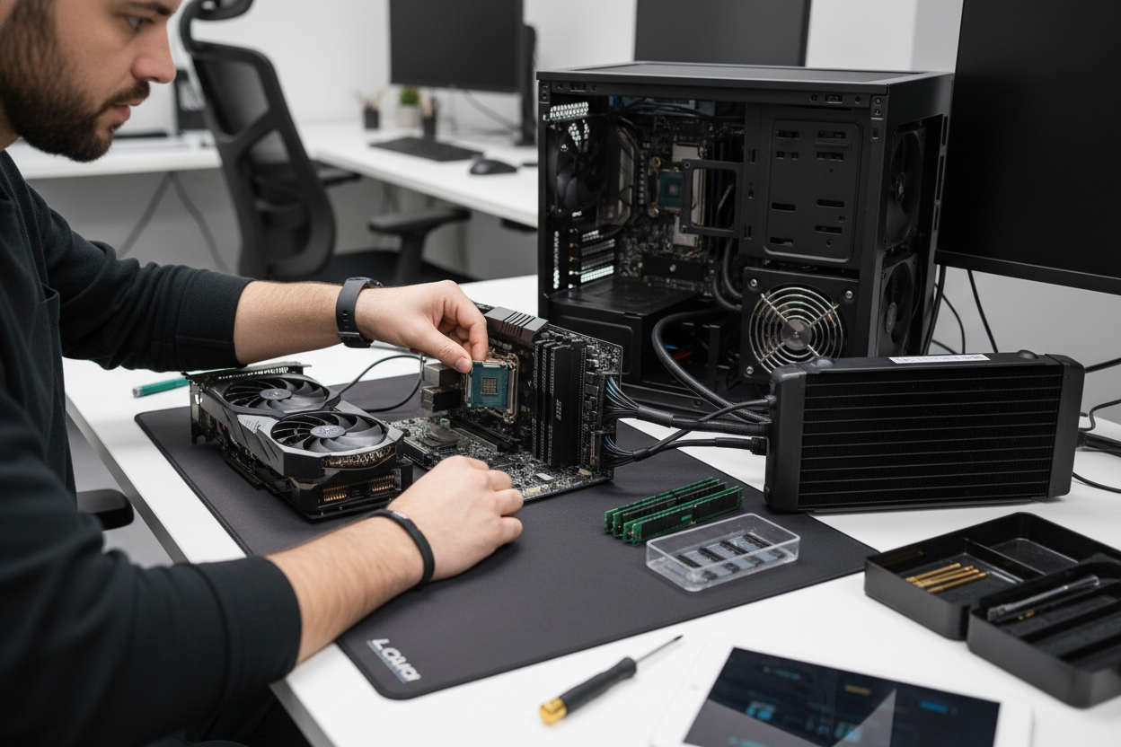 帮我生成工作场景图

工程师正在组装电脑主机、检查显卡或主板。

或者双手安装 CPU / 插上电源线。